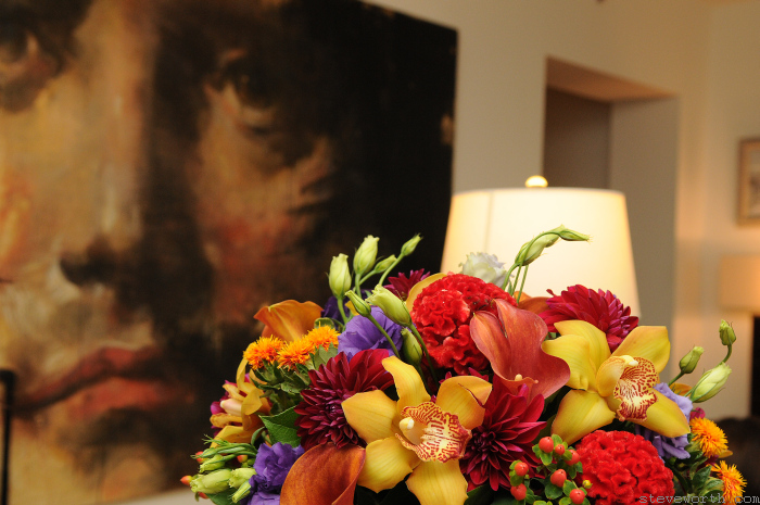 Flower arrangement for Laura getting ready for wedding at Boathouse by: Kira Yustak