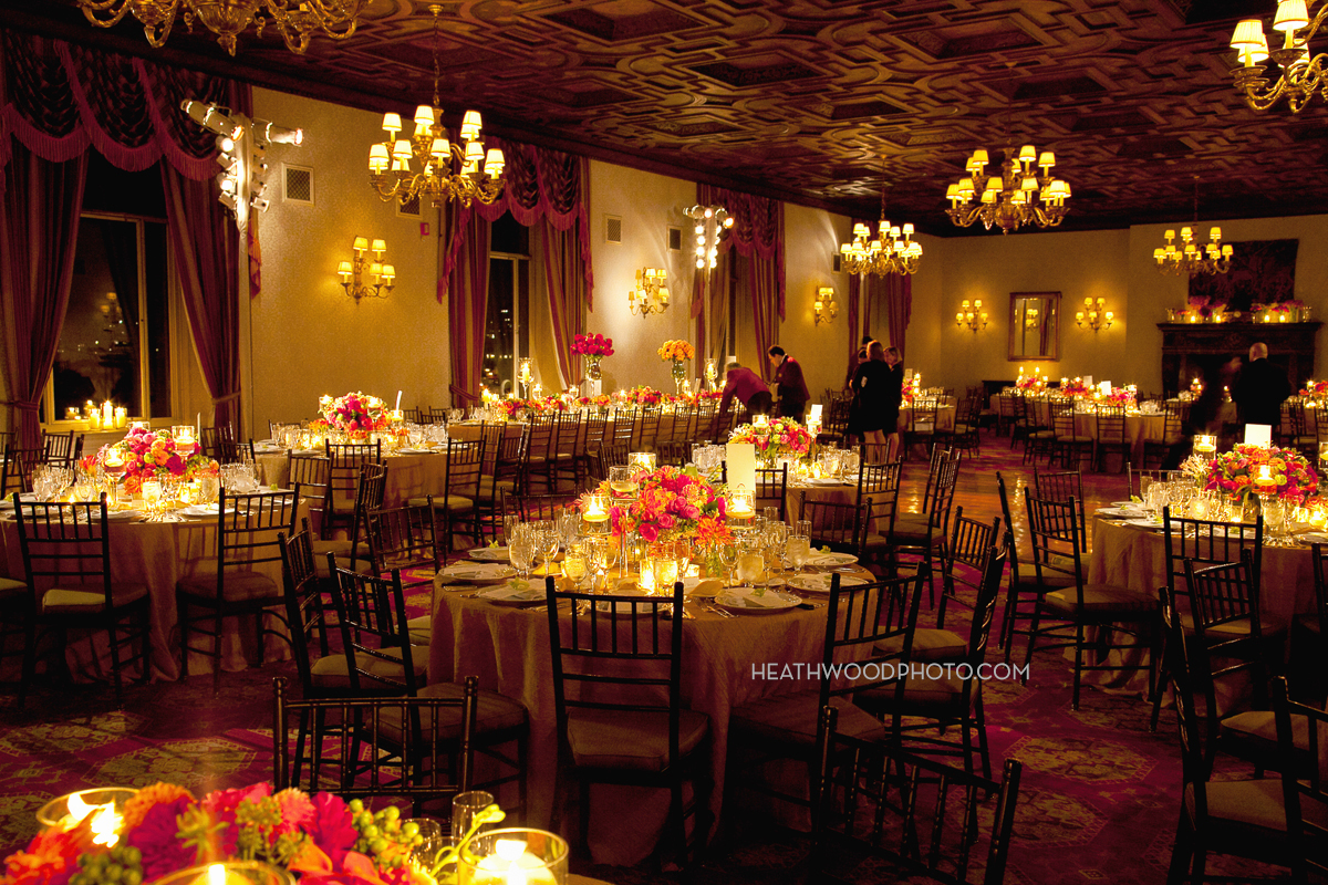 Ballroom tables set for reception by: Heathwood Photo
