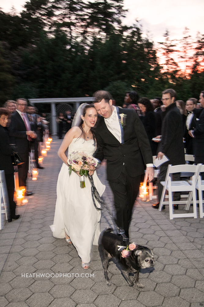 Bride and Groom and pug dog exit wedding ceremony by: Heathwood Photo