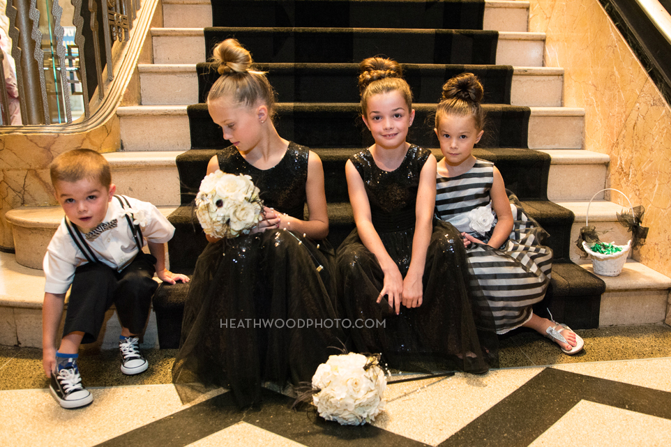 wedding party kids sitting on staircase by: Heathwood Photo