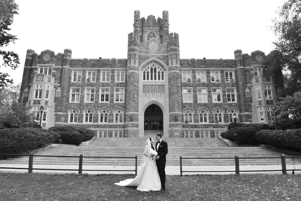 Bride and Groom in front of Keating Hall by: Steve Worth Photography